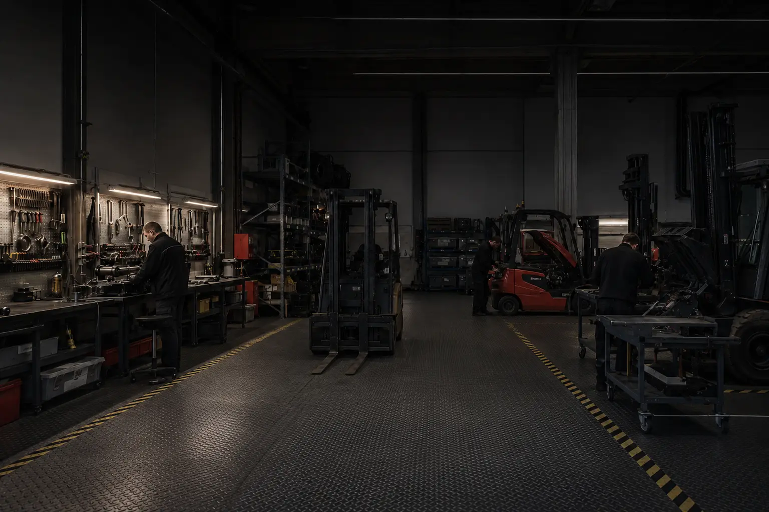 Blick in die Werkstatthalle von STS Staplertechnik in Pöchlarn mit Gabelstaplern und Team bei der Arbeit