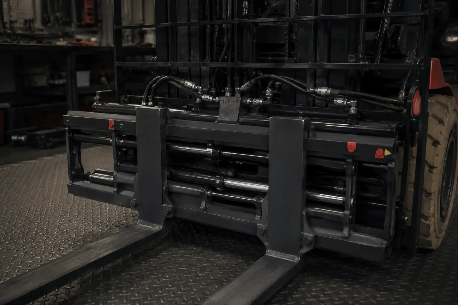 Detail eines Stapler-Anbaugeräts und nachgerüsteter Technik